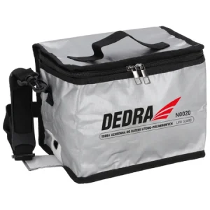 Zaštitna torba za LI-PO baterije DEDRA N0020, izrađena od vatrootporne stakloplastike, s dva otvora za punjenje, osigurava sigurnost tijekom punjenja i skladištenja baterija.