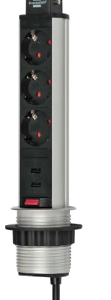Brennenstuhl izvlačna trostruka utičnica + 2xUSB 2,1A Tower Power 3x1,5mm2, 16A, 2m, srebrno-crna